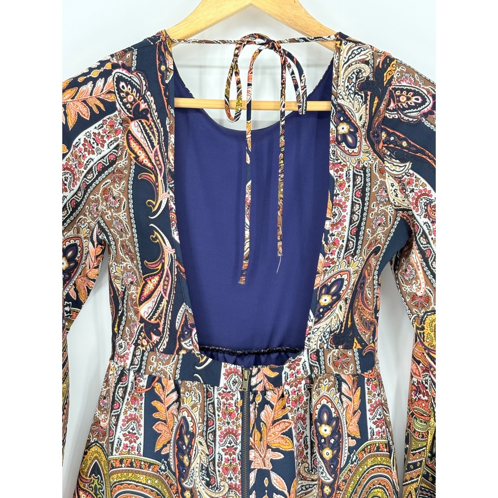 Sage the Label Paisley Open Back Bell sleeves Mini Dress Small Boho Retro Navy - Picture 6 of 8